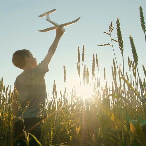boy in field with plane